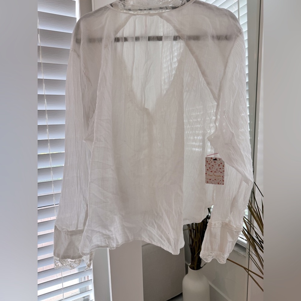 Free People White Sheer Lace-Trim Blouse - Picture 4 of 8